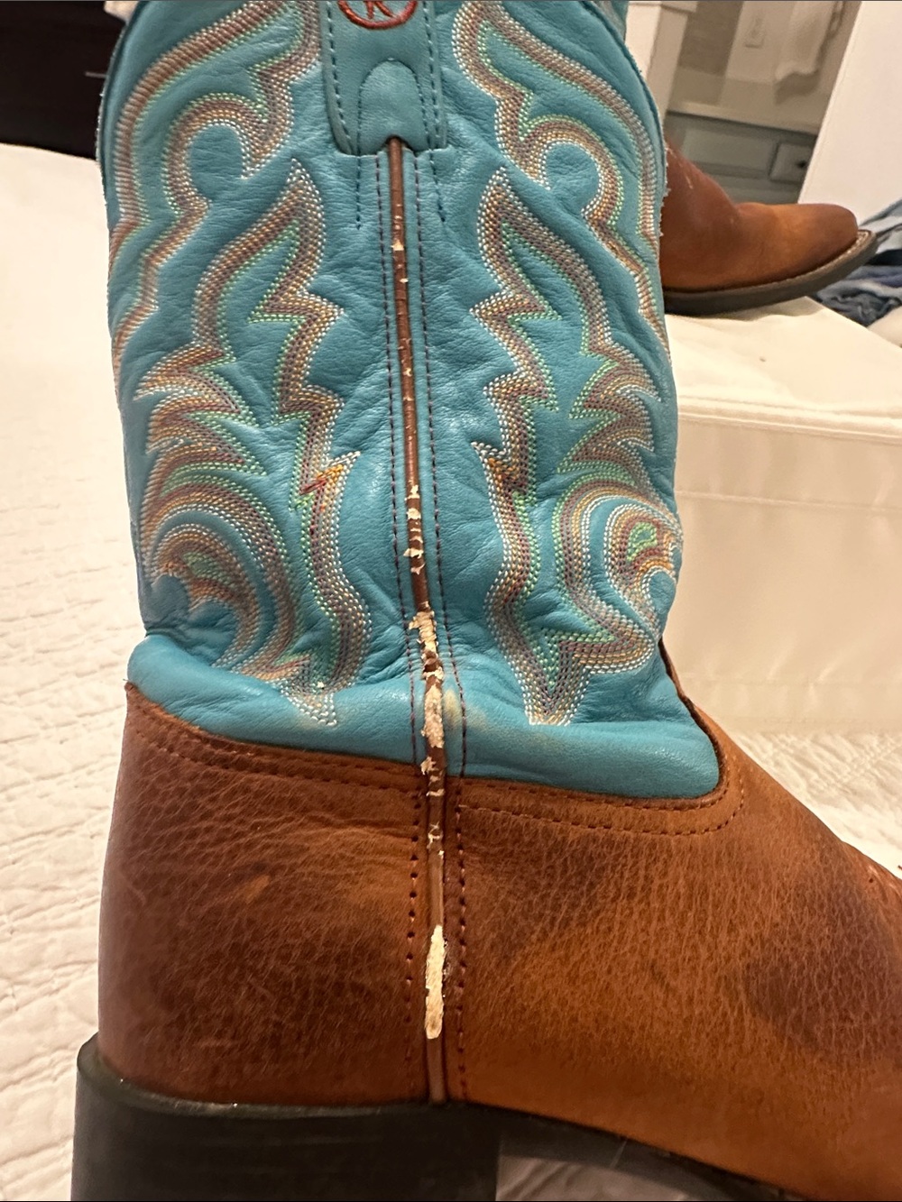 Vintage Tony Lama Brown Leather Boots with Turquoise Shaft and Stitching - Picture 6 of 9